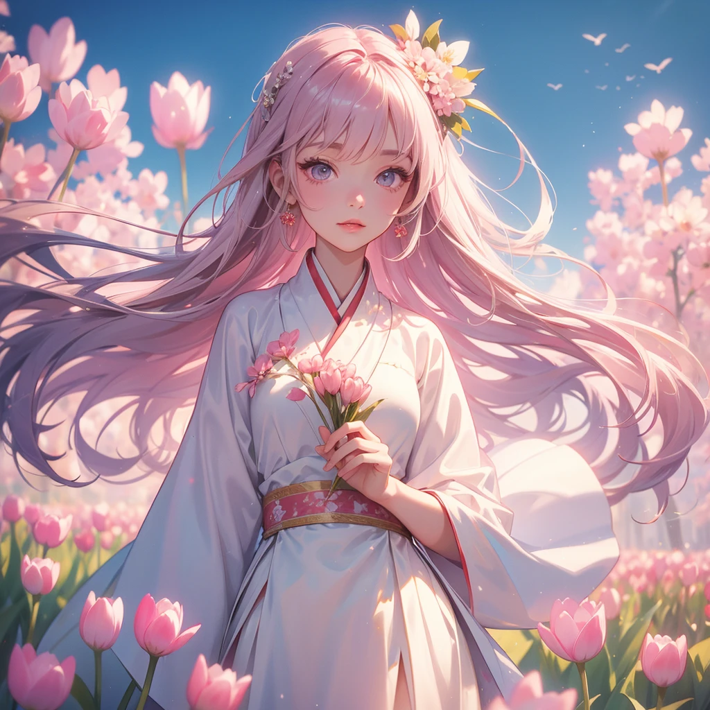 A beautiful female in white hanfu dress , Standing in the middle of pink tulip field, close up.