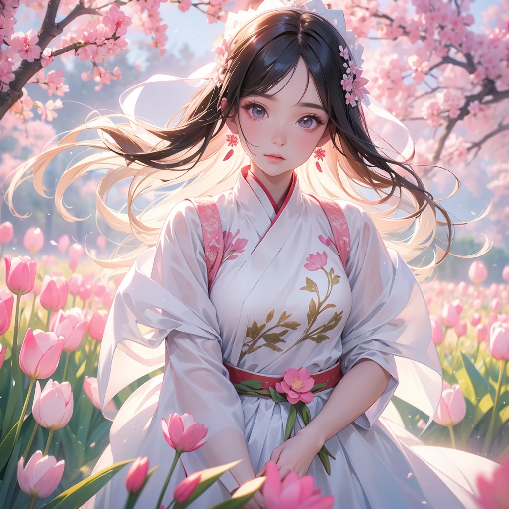 A beautiful female in white hanfu dress , Standing in the middle of pink tulip field, close up.