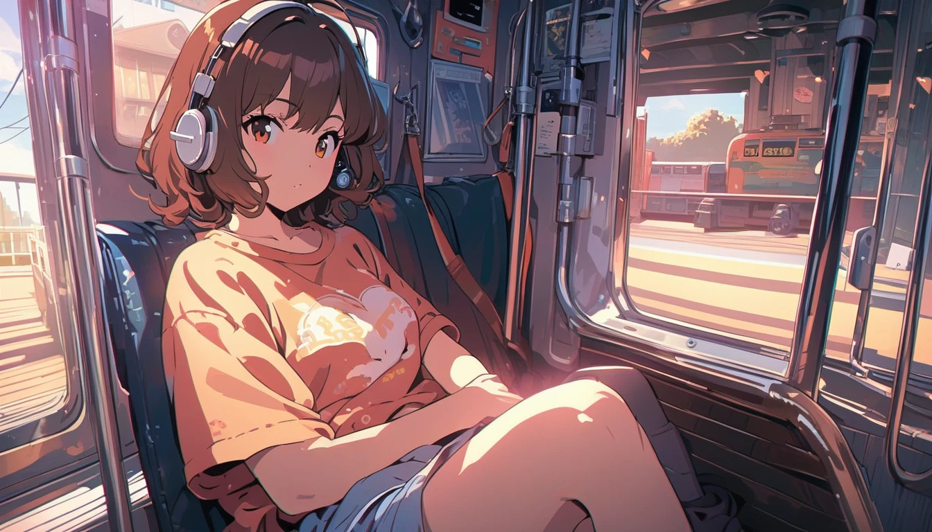 (extremely detailed CG unity 8k wallpaper), (best quality), (best illustration), (best shadow), realistic lighting, beautiful detailed reglow, masterpiece, best quality, lofi artstyle, lofi art, 80s anime style, Retro, Lo-Fi, 1girl, solo, short hair, brown hair, sitting, window, headphones, ground vehicle, train interior, anime