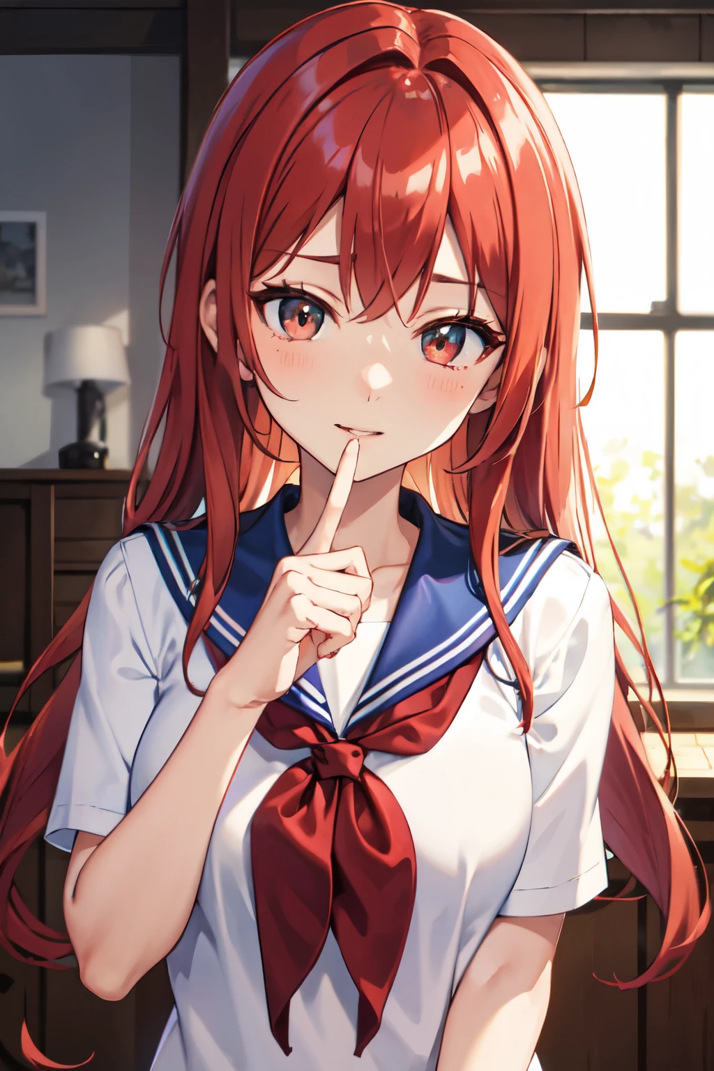 8k,Highest quality,masterpiece, Sharp focus,high school girl,,Red hair,Lewd,Sailor suit,
