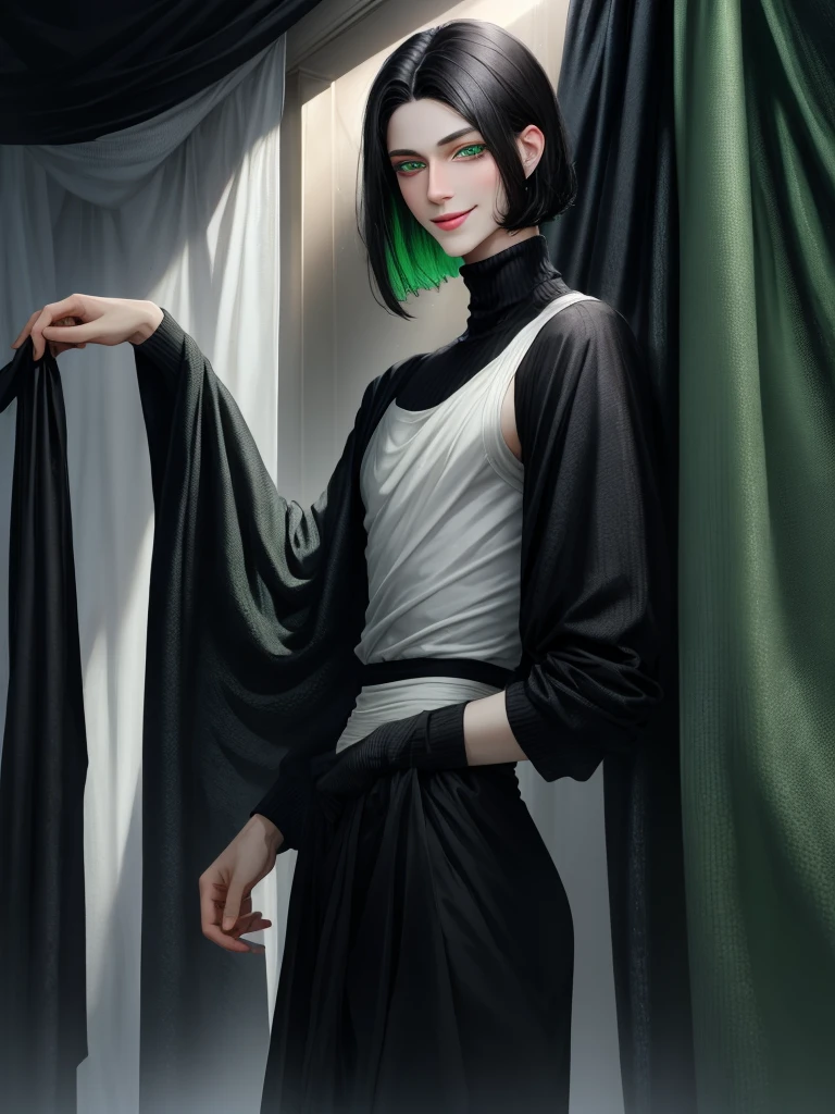 (best quality), 1boy, pale skin, black hair, medium hair, curtain hair, tousled hair, green eyes, perfect eyes, dark circles under eyes, handsome, light smile, attractive, turtleneck sweater, masterpiece, anatomically correct, highres
