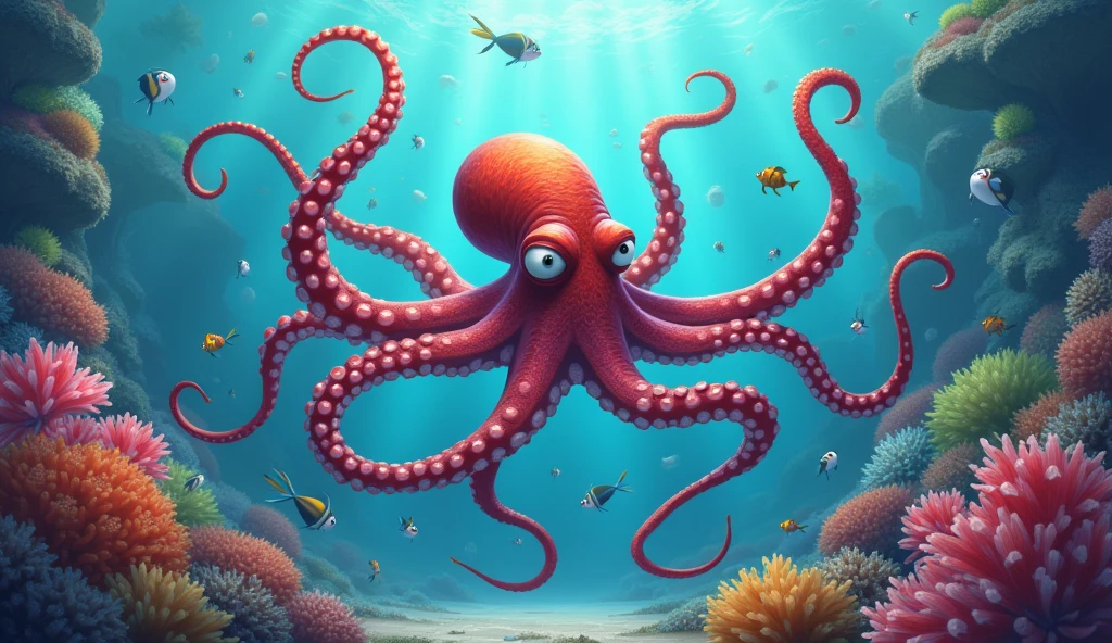 O is for Octopus, with arms so wide:
"A playful octopus with its eight arms extended, swimming gracefully through an underwater world filled with colorful sea creatures."