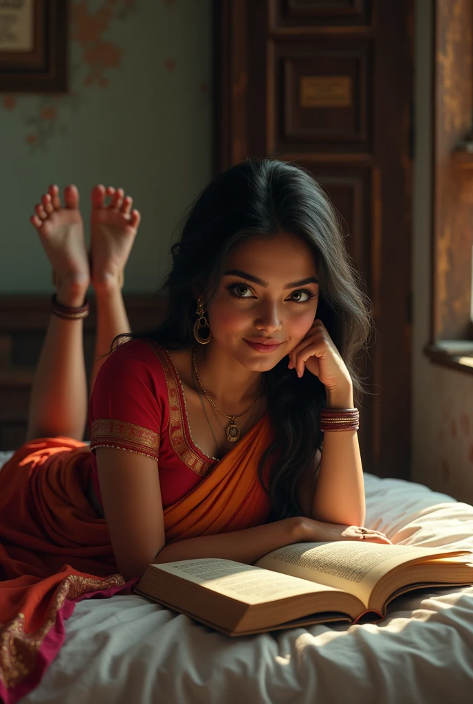 Indian Girl age 25 sleeping on a bed wearing a saree looking her some clueless having a little big boobs & reading a book in a old Indian house sleeping stomach down on bed with her legs up sacking wearing a payal