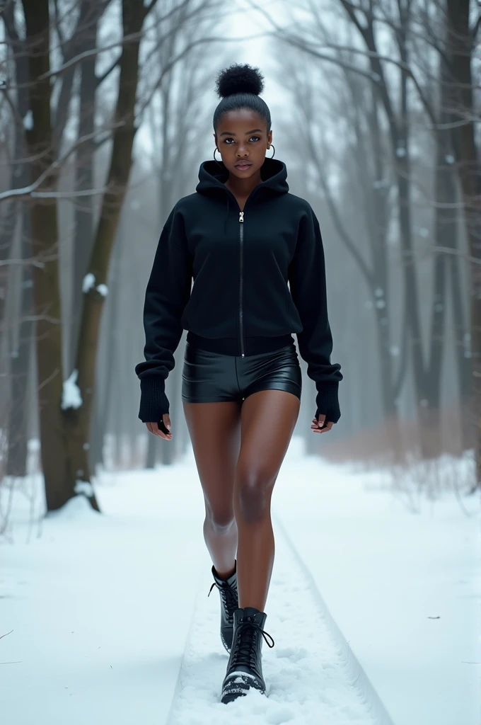 Black woman wearing leather short shorts and black hoodie hair in a bun walking in the snow in the woods wearing leather boots 