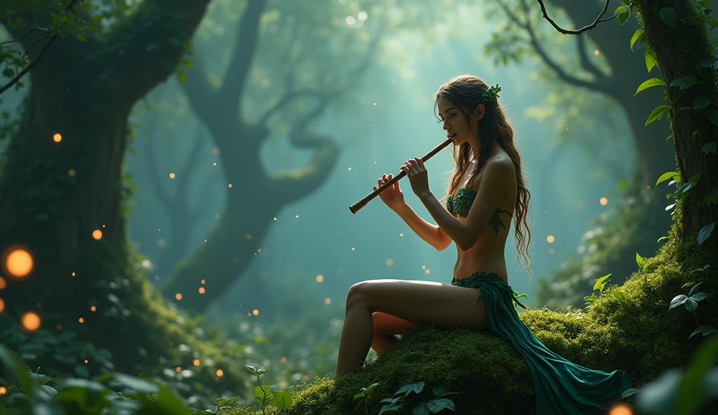 A beautiful elf maiden with deep blue eyes, clad in a barely-there outfit made of leaves and vines, accentuating her curves. She sits on a moss-covered stone in an ancient, enchanted forest, playing a delicate flute. The surrounding flora glows with a mysterious light, and fireflies dance around her, creating an otherworldly ambiance. The soft hum of the forest echoes her seductive melody, drawing the viewer deeper into the mystic woods. Aim for realistic depiction, make sure photos are at highest resolution (8K)