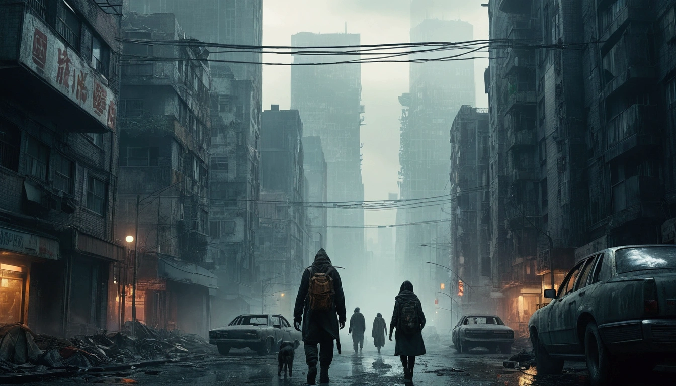 Night,night,People walking on the city street with tall buildings, FOGgy dystopian world, post apocalyptic city streets, Dystopian digital concept art, Post-apocalyptic atmosphere, Dystopian Sci-Fi Doomsday, post apocalyptic city, in a post apocalyptic city, The story is set in post-apocalyptic Tokyo., Post apocalyptic streets, A post-apocalyptic New York, post apocalyptic city, Octane Rendering. FOG, An abandoned dystopian city