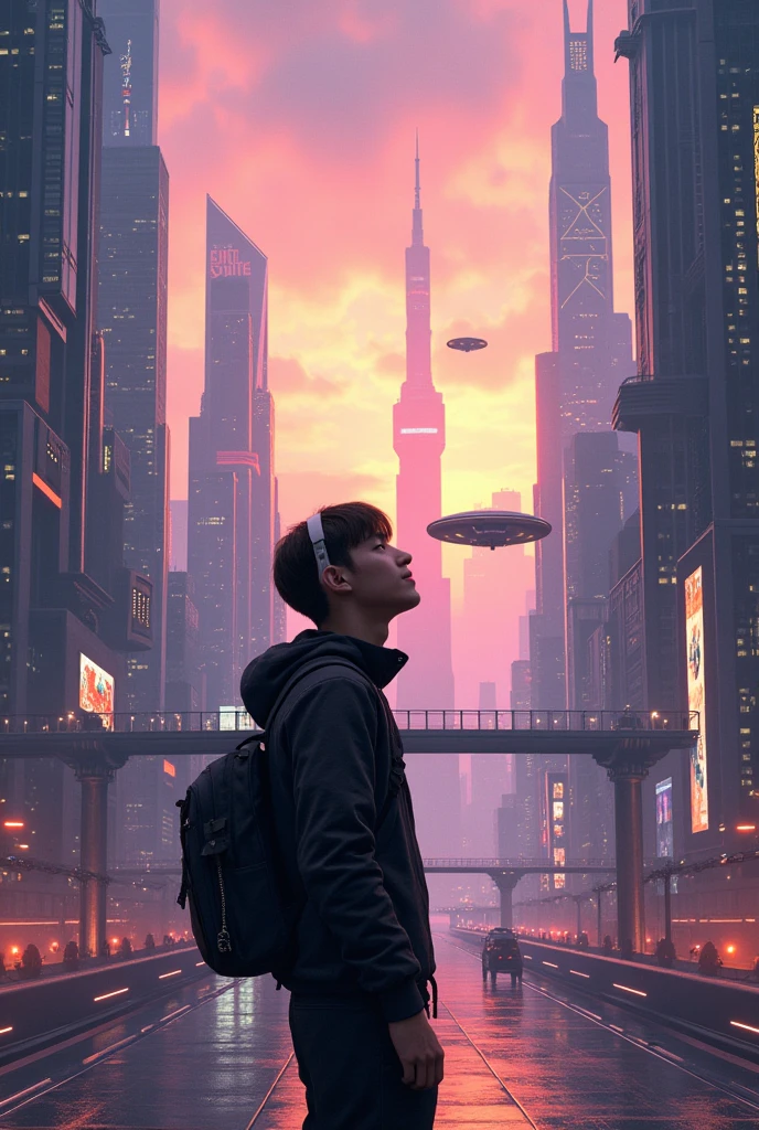 Create a futuristic image of a city and a person listening to music