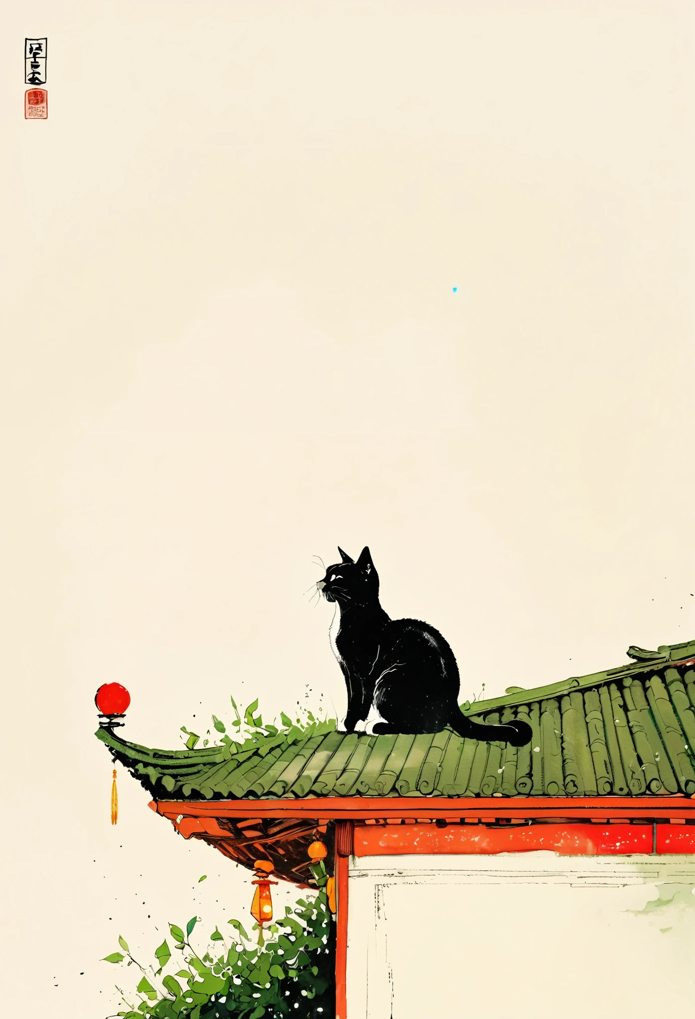 中国水墨画sketch:Light Ink,Lowercase,sketch,artistic conception,Cat on the roof,Minimalism,White background。(((Negative Space,Bottom left composition)))