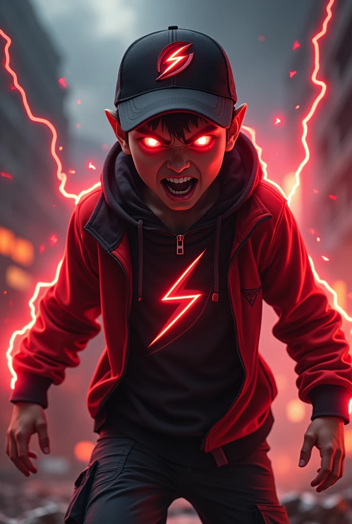 Malaysia man. real teenage age . 20 Malaysia Indonesia. (Red eyes)Glowing eyes red. Anger face. Open mouth . wearing an (black red) black red design thunder zip-up shirt. Hoodie. Black red lightning design .thunders red design shirt, (black red) red black stripe cap with small(thunder red) logo, detailed face. Glowing eyes.. black cargo pant , cinematic lighting, dramatic atmosphere, vibrant colors, 8k, high quality, photorealistic. Hero suit. ((Two lightning thunder red shape. Red thunder everywhere. Dark sky.  .jeans pants. Very strong. Future design dress. Very epic. Thunder redeverywhere. Shaking photography effect. Floating rock everywhere. . Cracking road.