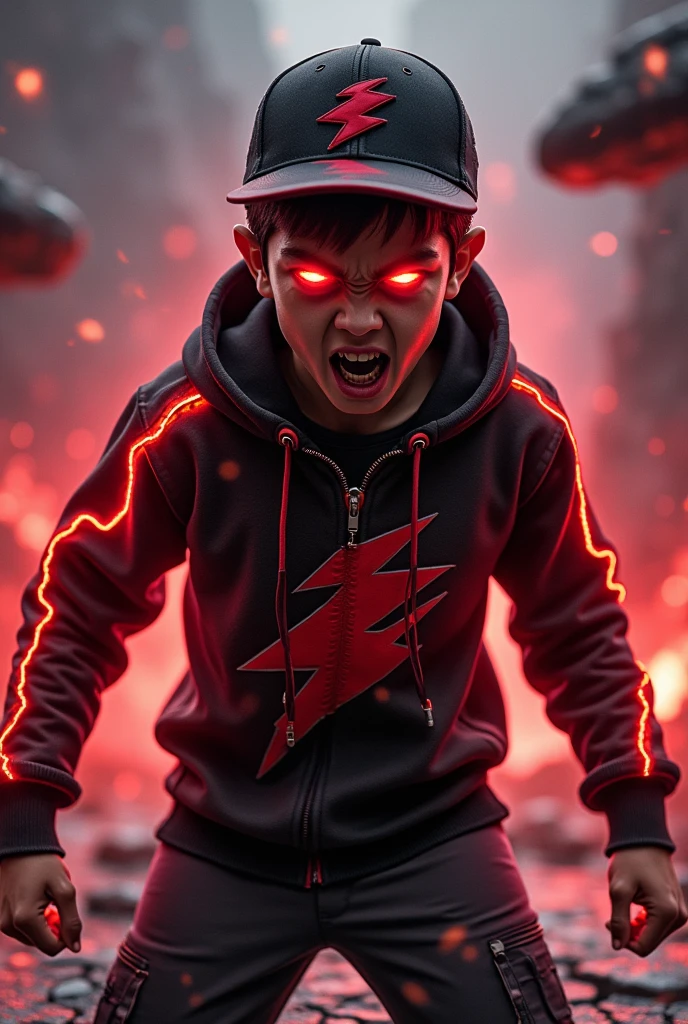 Malaysia man. real age age . 20 Malaysia Indonesia. (Red eyes)Glowing eyes red. Anger face. Open mouth . wearing an (black red) black red design thunder zip-up shirt. Hoodie. Black red lightning design .thunders red design shirt, (black red) red black stripe cap with small(thunder red) logo, detailed face. Glowing eyes.. black cargo pant , cinematic lighting, dramatic atmosphere, vibrant colors, 8k, high quality, photorealistic. Hero suit. ((Two lightning thunder red shape. Red thunder everywhere. Dark sky.  .jeans pants. Very strong. Future design dress. Very epic. Thunder redeverywhere. Shaking photography effect. Floating rock everywhere. . Cracking road.