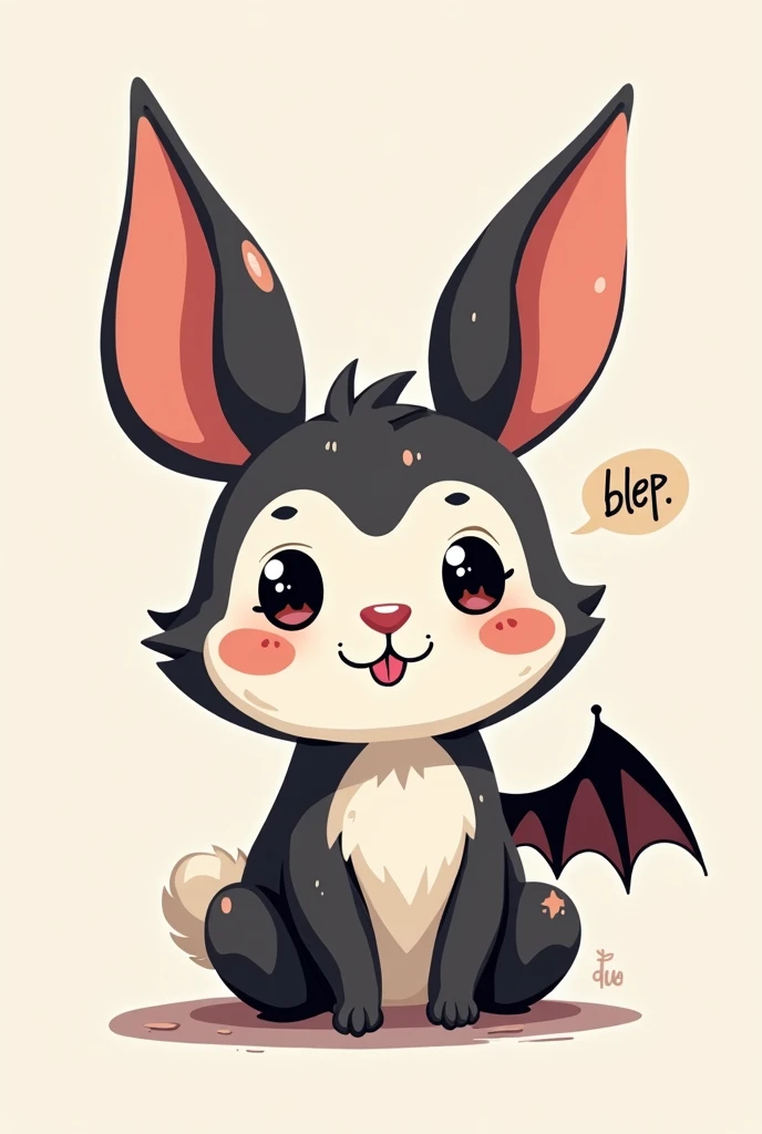 Scribble half bunny and half bat face, cute face, anthro(bunny)(Bat), (blep:1.3), smile, blinking, simple background, printmaking style