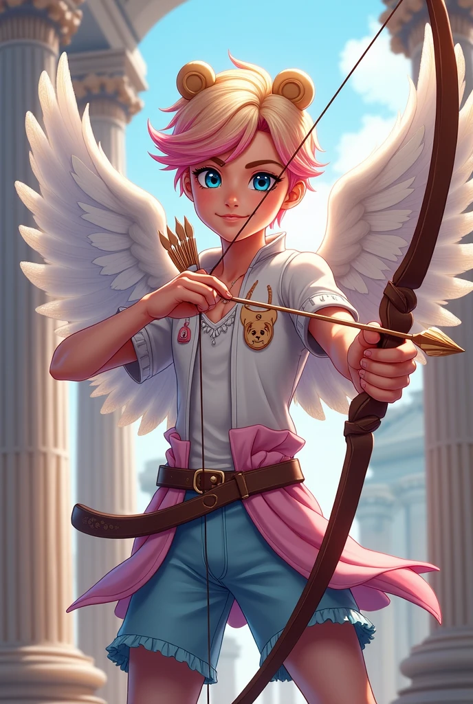 Image of C's son.A Cupid e da Blondie Lockes de Ever After High: LnF , A teenage boy, blue colored eyes, blonde and pink hair, Caucasian skin, white cupid wings, bow and arrow, Ancient Greek gods style clothing in white color, pink and blue with bear elements on the clothes