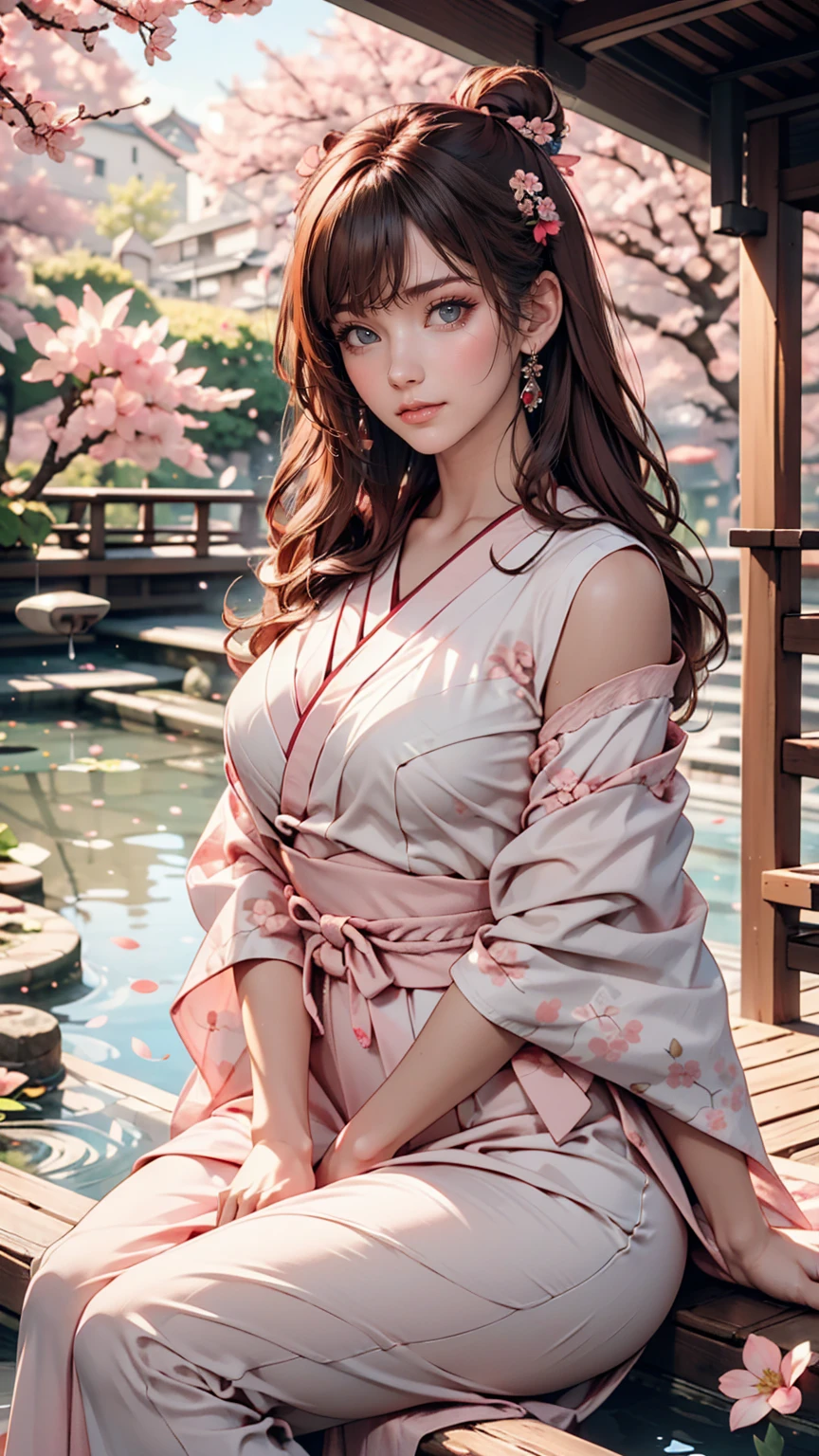 portrait, elegant adult woman, Brown eyes, Long pink hair, 4k resolution, high quality cg, beautiful cg, soft light, sitting, sakura themes, pink dress, japanese traditional ponds