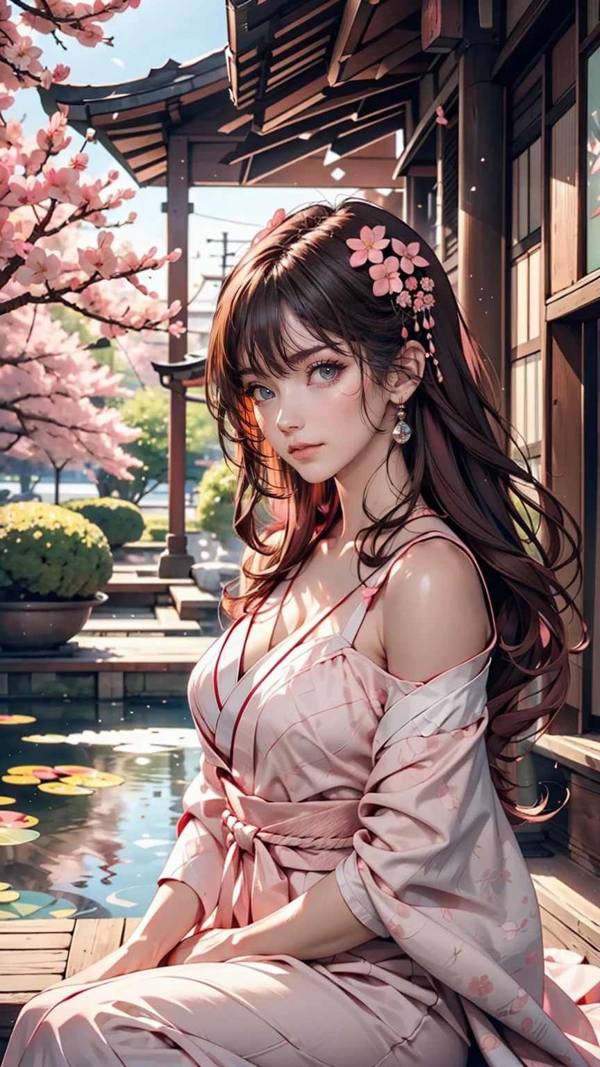portrait, elegant adult woman, Brown eyes, Long pink hair, 4k resolution, high quality cg, beautiful cg, soft light, sitting, sakura themes, pink dress, japanese traditional ponds