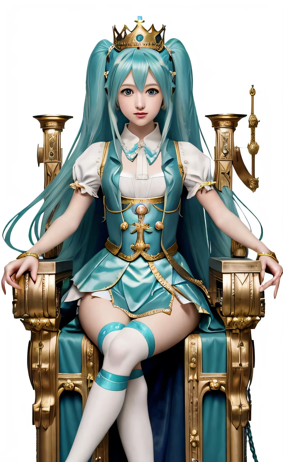 1girl, Hatsune Miku, princess outfit, crown, gold, ((throne)), in a castle, Middle Ages, wearing a blue vest, one foot on the ground, the other foot calf turned outward, one hand holding the microphone, the other hand across the eyes Biye, white background