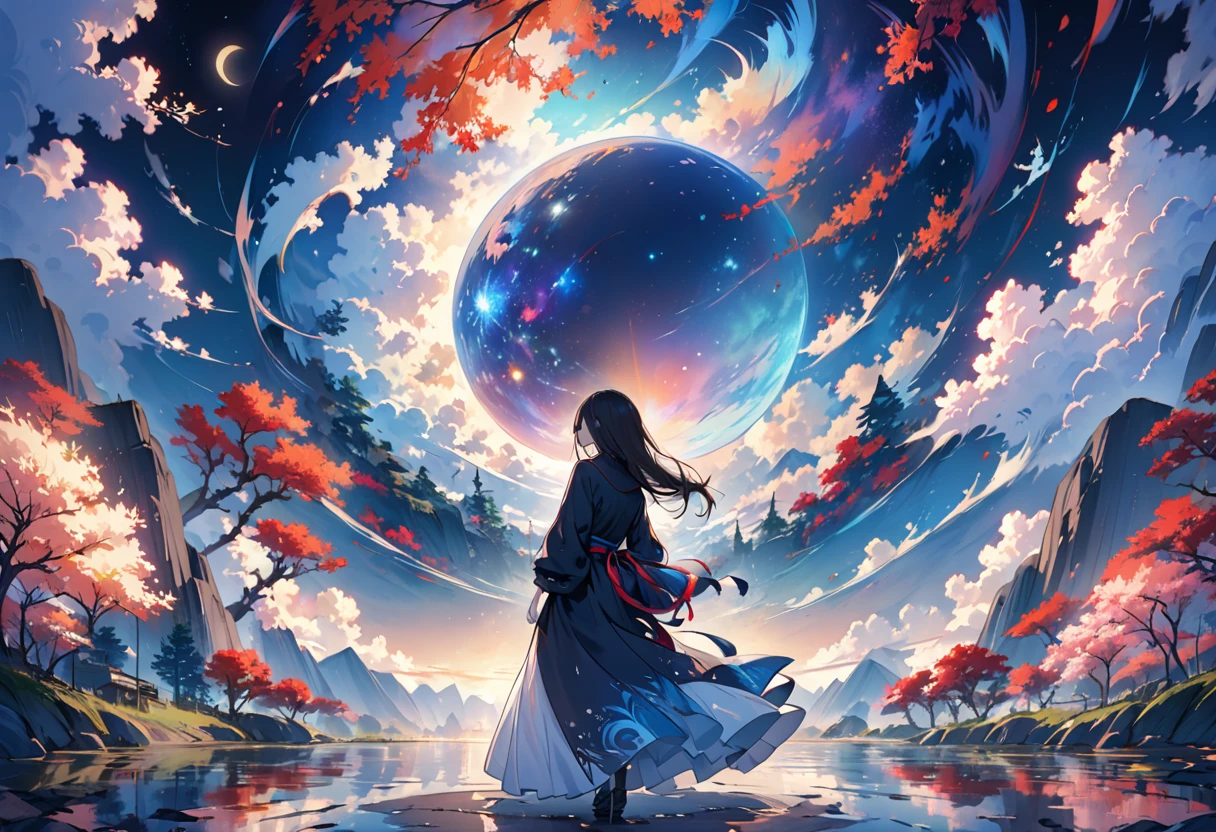 8K,high res,((back view of human)),a beautiful world at night ,no face