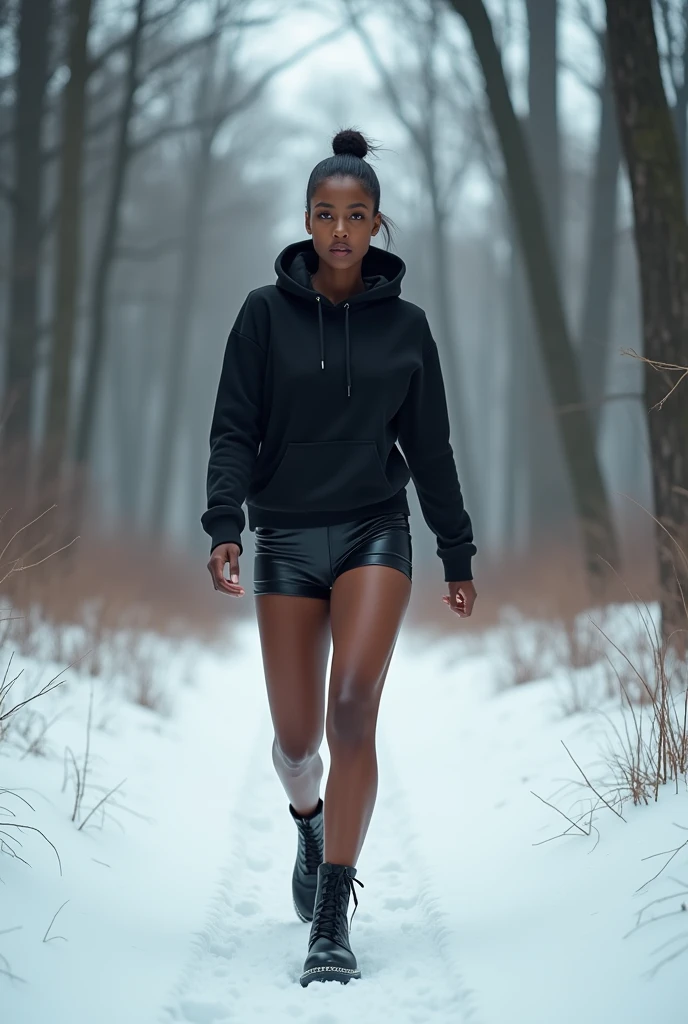 Black woman wearing leather short shorts and black hoodie hair in a bun walking in the snow in the woods wearing leather boots 
