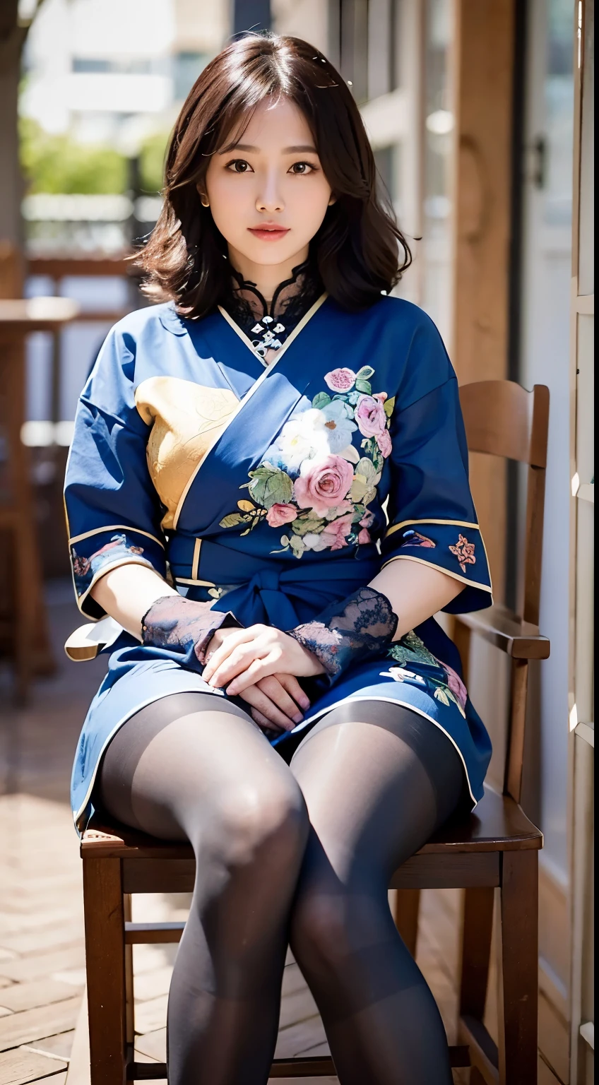 (((masterpiece))), (((Highest quality: 1.4))), ((Super detailed: 1.4)) ,A naive 33-year-old wife、Wearing a knitted dress、(Ultra-realistic pantyhose:1.3)、Sitting on a chair at an open cafe、Height: 156cm, A little chubby、Japanese Model, Short Layered Hair、Of Japanese, Neat and clean Japan woman, Japanese Goddess, Innocence、RAW Photos, (In 8K、Highest quality、masterpiece:1.2)、(Intricate details:1.4)、(Photorealistic:1.4)、Octane Rendering、複雑な3DレンダリングのSuper detailed, Studio Soft Light, Rim Light, Vivid details, Super Detail, Realistic skin texture, Detailed aspect, Beautiful details in the eyes, Highly detailed CG Unity 16k wallpaper, compensate, (Detailed Background:1.2),　Shiny skin、Bare thighs!!!、