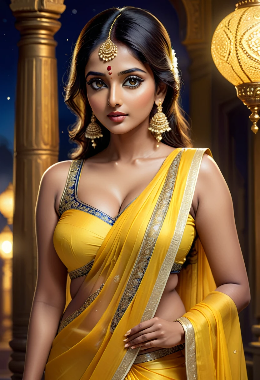 1/3 of body shown, a beautiful indian woman in a simple yellow saree with white border, sleeveless, seductive side pose,big breasts, night bluish ambience, digital illustration, hyper detailed, cinematic lighting, 8k, realistic, photorealistic, masterpiece, intricate details, porcelain skin, long eyelashes, plump lips, extremely detailed eyes and face, elegant, graceful, alluring