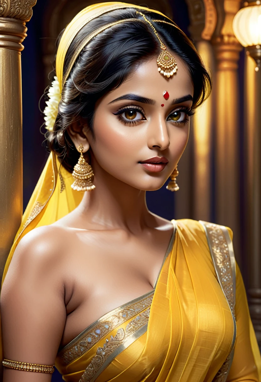 1/3 of body shown, a beautiful indian woman in a simple yellow saree with white border, sleeveless, seductive side pose,big breasts, night bluish ambience, digital illustration, hyper detailed, cinematic lighting, 8k, realistic, photorealistic, masterpiece, intricate details, porcelain skin, long eyelashes, plump lips, extremely detailed eyes and face, elegant, graceful, alluring