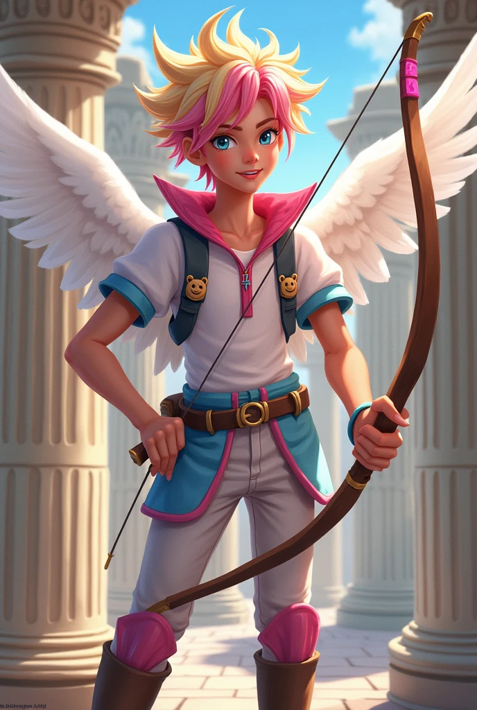 Image of C&#39;s son.A Cupid e da Blondie Lockes de Ever After High: LnF , A teenage boy, blue colored eyes, blonde and pink hair, Caucasian skin, white cupid wings, bow and arrow, Ancient Greek gods style clothing in white color, pink and blue with bear elements on the clothes 