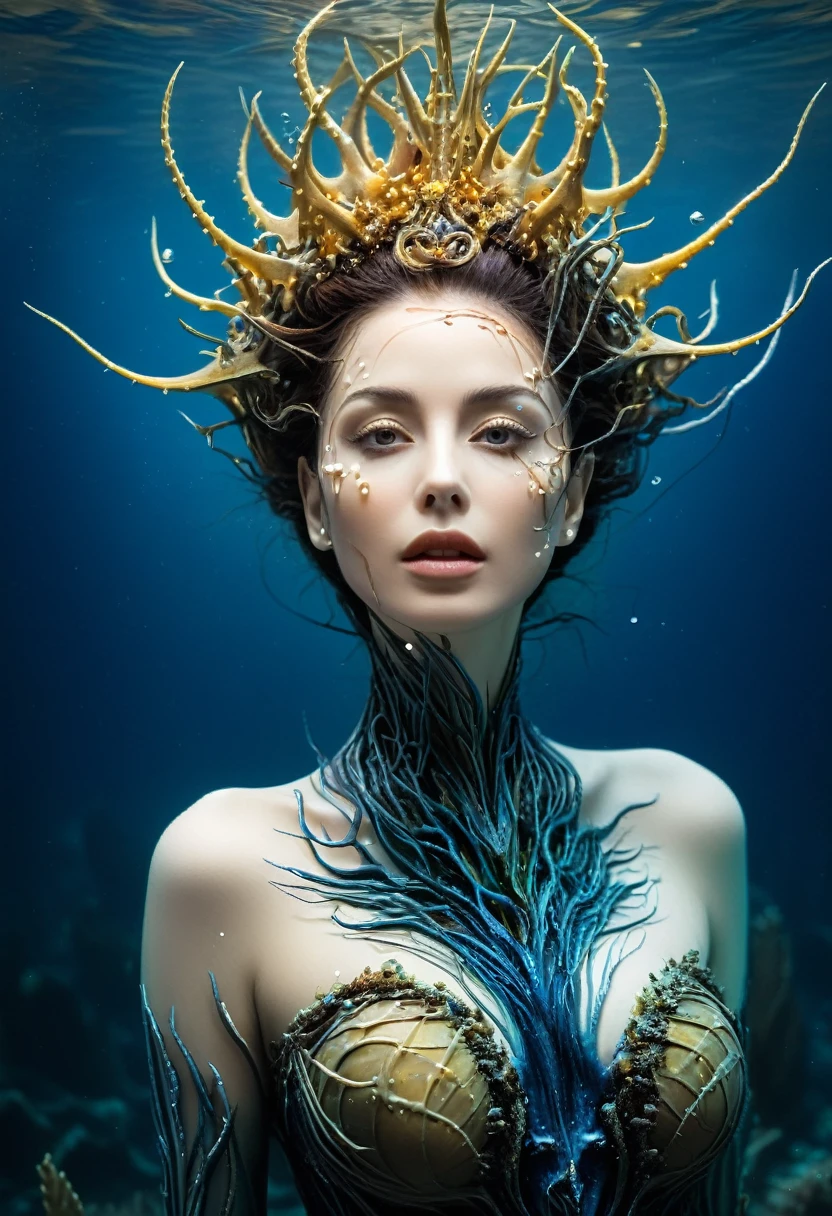 high quality, 8K Ultra HD, Surreal portrait of a stunning woman.
The Thorn Banshee of the Deep Sea，Living with the undercurrent，Dressed in seawater and thorns，The mystery of the deep sea is painted on the skin，The surreal creation technique makes her the queen of the sea。In the darkness of the deep sea，She is like a pearl in the sea，The light scatters on her body，It contrasts sharply with the surrounding darkness.，It forms a stunning visual spectacle，Grand scene，The atmosphere is mysterious