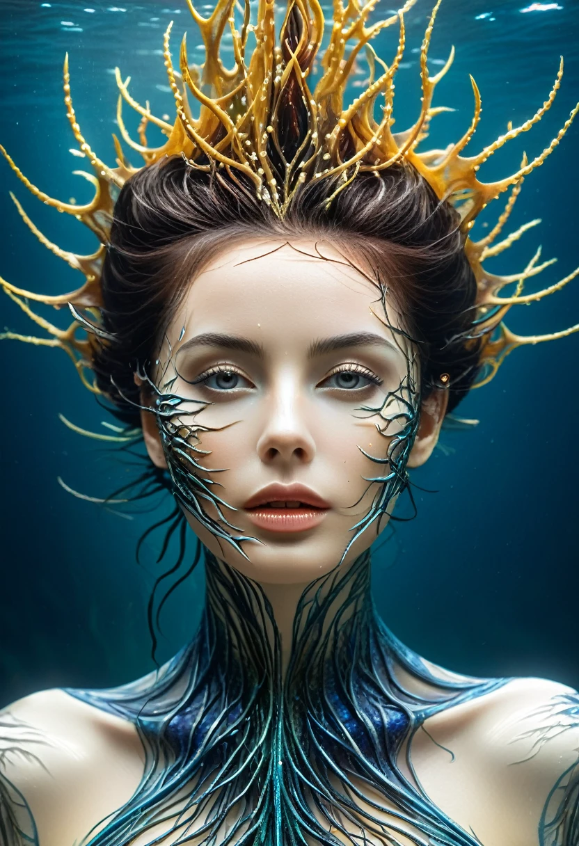 high quality, 8K Ultra HD, Surreal portrait of a stunning woman.
The Thorn Banshee of the Deep Sea,Living with the undercurrent,Dressed in seawater and thorns,The mystery of the deep sea is painted on the skin,The surreal creation technique makes her the queen of the sea。In the darkness of the deep sea,She is like a pearl in the sea,The light scatters on her body,It contrasts sharply with the surrounding darkness.,It forms a stunning visual spectacle,Grand scene,The atmosphere is mysterious