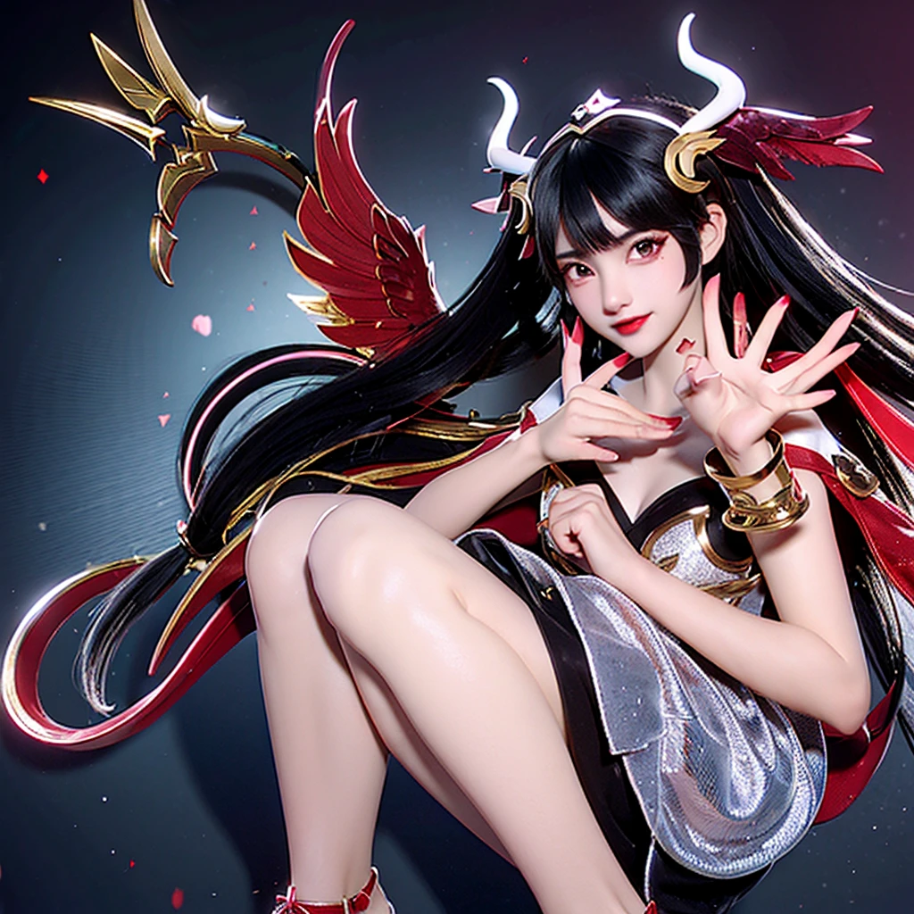 A girl with black hair with a red ribbon, black wings, a long black dress with a gold armband, white horns, black lips, and shiny red sequined shoes.