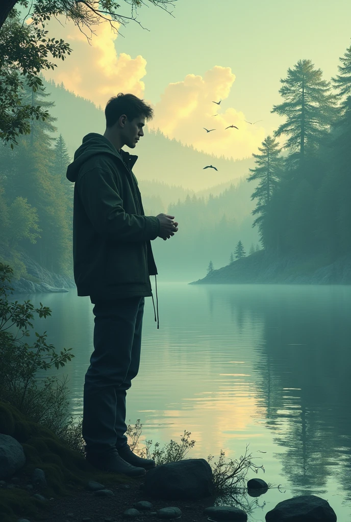 A man stands at the edge of a lake and looks at the water with excitement, sad, Thinks, nearby