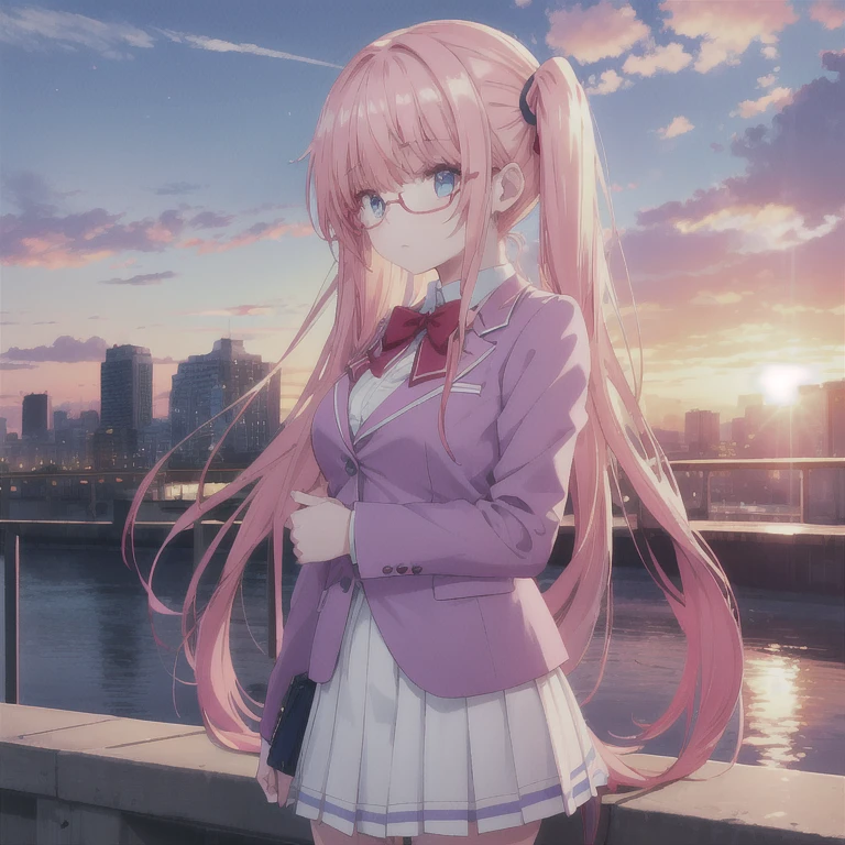 masterpiece, Highest quality, High resolution, One person, alone, Long Hair, Pink Hair, Low twin tails, blue eyes, Glasses, Large Breasts, school uniform, Blue bow tie, blazer, Red jacket, Long sleeve, White Skirt, From the side, sunset, Outdoor, bridge, Are standing