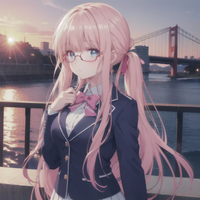 masterpiece, Highest quality, High resolution, One person, alone, Long Hair, Pink Hair, Low twin tails, blue eyes, Glasses, Large Breasts, school uniform, Blue bow tie, blazer, Red jacket, Long sleeve, White Skirt, From the side, sunset, Outdoor, bridge, Are standing