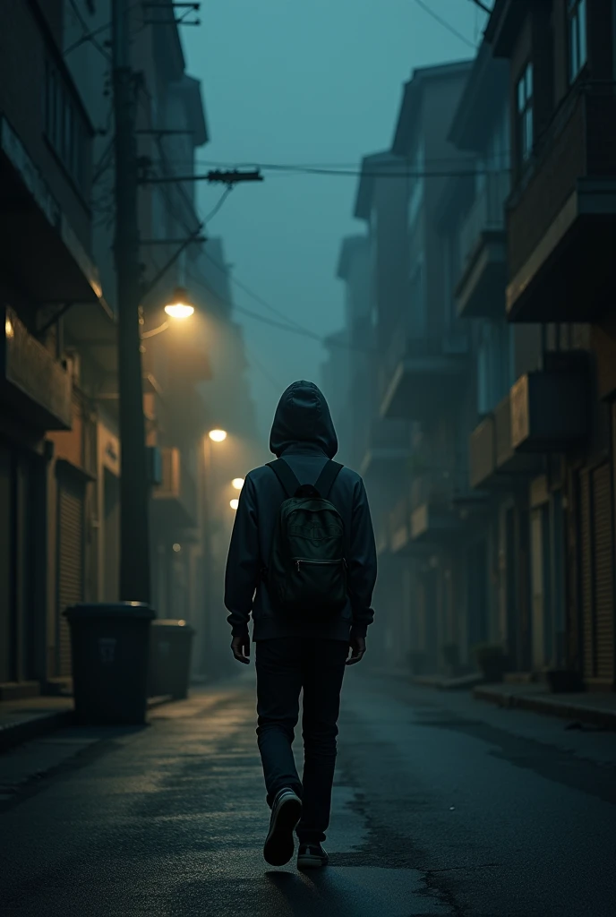 A STUDENT WALKING ON A DARK STREET WITH A BAG WEARING A HOODI
