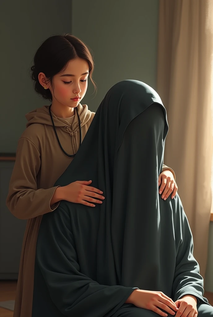 A Muslim girl standing behind her veiled mother and massaging her shoulders