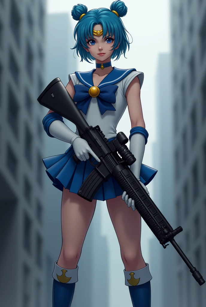 Sailor Mercury girl in the picture stands holding a weapon, a gun, one hand, holding a weapon, a rifle, smiling, holding a gun, a rifle, looking at teeth, blurry background, unclear, sailor uniform, single senshi, 1 girl, skirt, black hair, boots, collar, blue sailor Sailor collar, magical girl, gloves, short hair, blue choker, blue skirt, short hair, choker, bow, blue bow, knee boots, elbow gloves, white gloves, realistic, double bun, hair bun, full body, hands on hips, back bow, crescent moon,