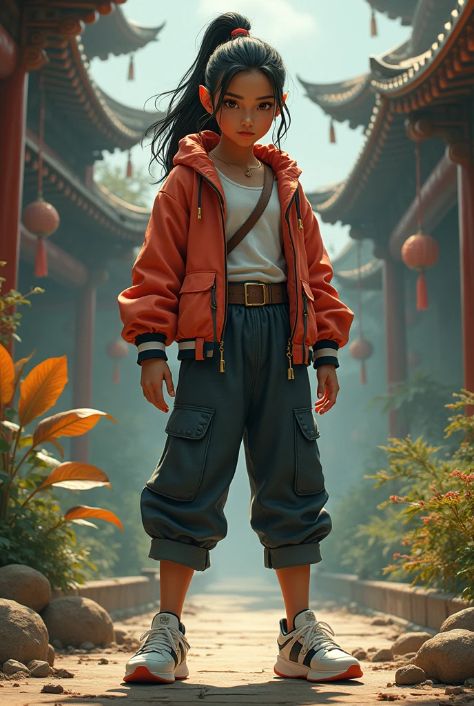 masterpiece, kung_fu_piggy, 1girl, jacket, sneakers, riju_zelda, detailed background