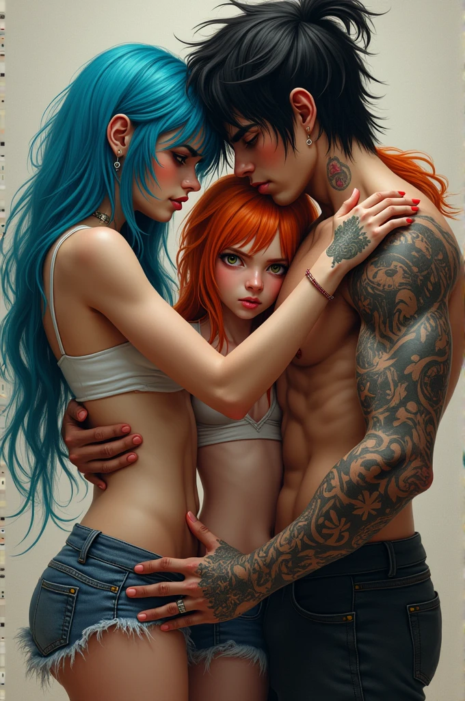 A girl with long blue hair, rough in appearance, high,A high boy with messy black hair and high intimidating appearance,tattoos, Both smiling and in the middle of them they hug and look lasciviously at a beautiful and innocent girl with orange hair,blushing and nervous.All of them look adult and attractive..