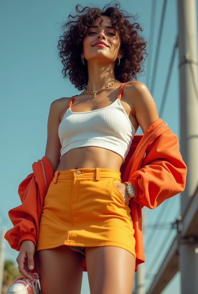 Short curly latina, in short skirt and Croc top seen from below