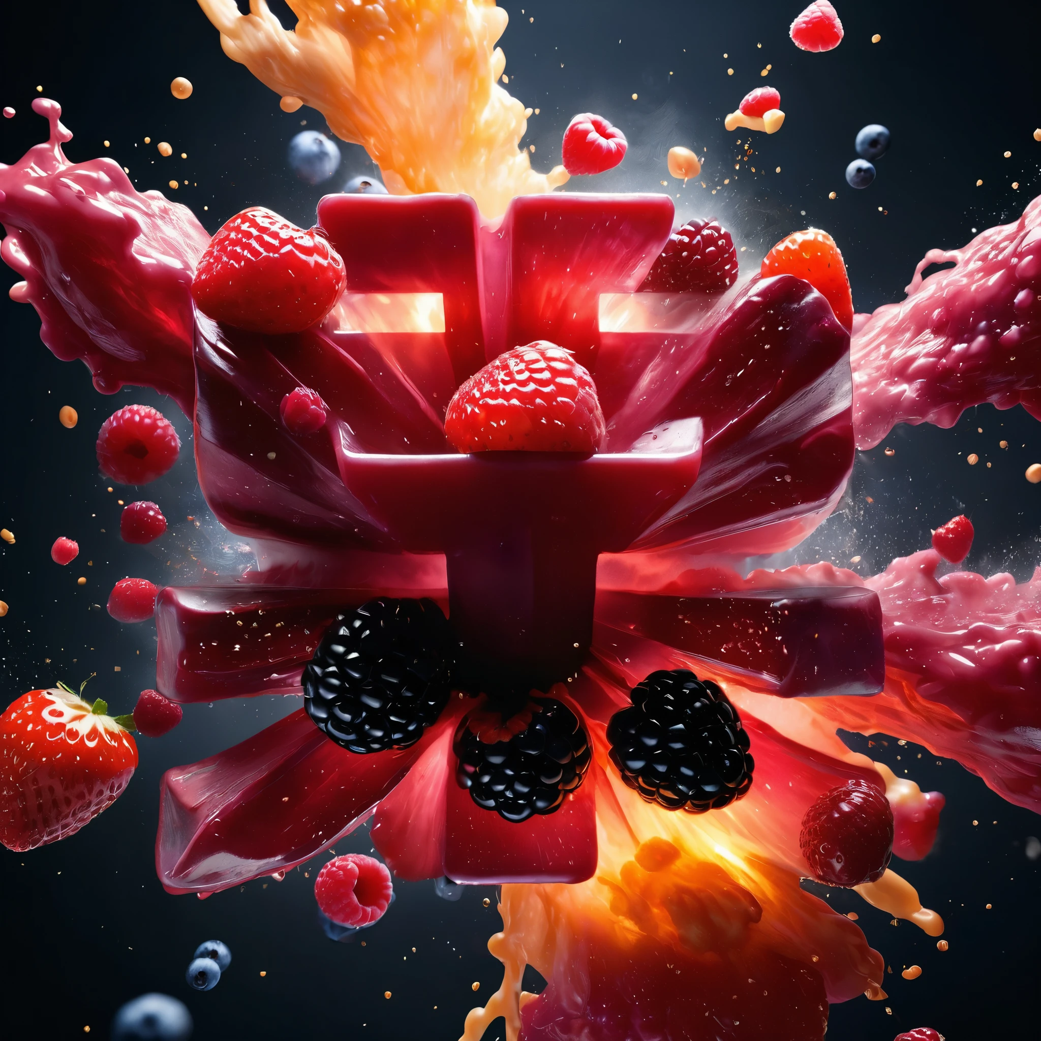 Commercial Photography, Intense red blood explosion, Giant Blackberry、raspberry、strawberry、blueberry、Cherry in the center of the explosion, White lighting, Studio Lighting, 8k Octane Rendering, High-resolution photography, Fine details, Extremely detailed, On black isolated plane, picture, Professional color correction