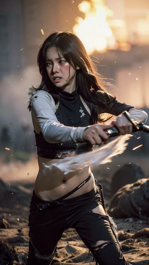 (masterpiece:1.5), (Best Quality), (Very detailed), (ultra detailed), (1 girl:1.2), (Whole body:1.2), (young girl), (by rubio), (weapon in hand), (war battle scene), (bloody atmosphere), (smoke), (fire), (Bodies), (chaotic background), (Explosions), (torn clothes), (determined expression), (sweat and dirt), (injured), (dynamic pose), (broken armor), (burnt landscape), (fighting stance), (smoldering debris), (llamas:1.3), (battle cries), (sounds of war:1.1), NSFW