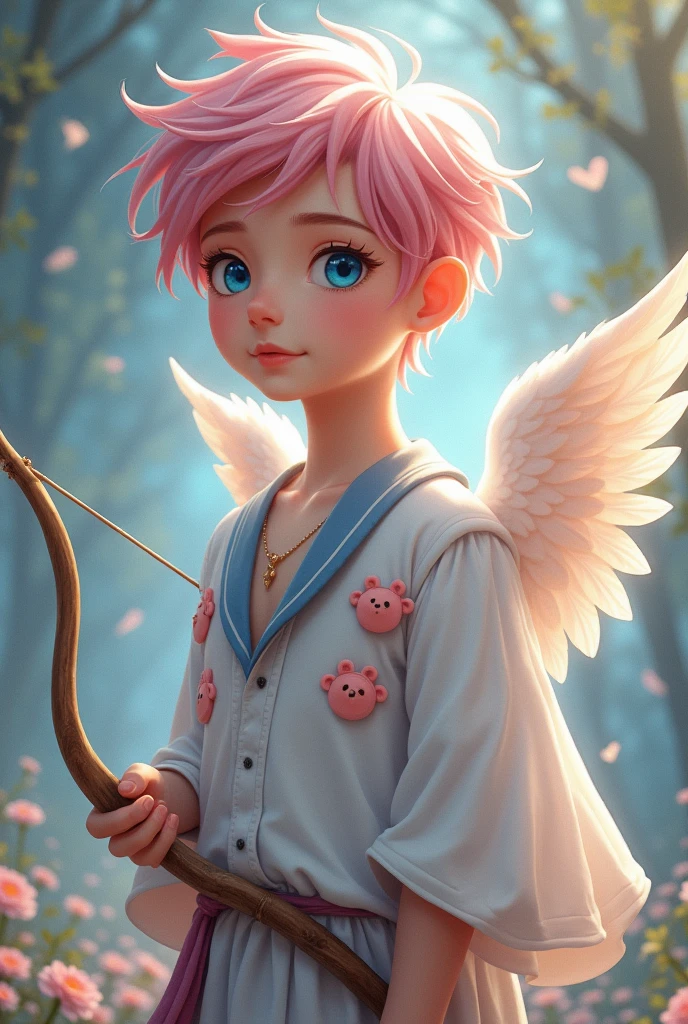 Image of C's son.A Cupid e da Blondie Lockes de Ever After High: LnF , A teenage boy, blue colored eyes, pink hair, Caucasian skin, white cupid wings, bow and arrow, Ancient Greek gods style clothing in white color, pink and blue with bear elements on the clothes