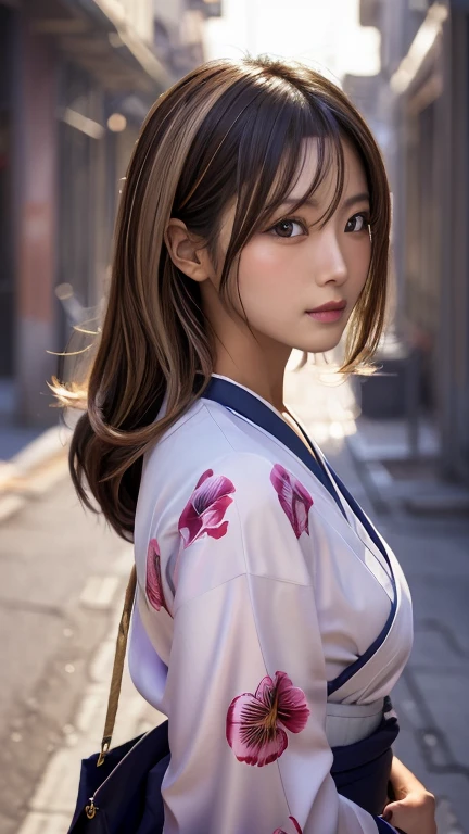 Beautiful Japanese Supermodel Women, Hair with subtle highlights, Iris, sexy，Street background，Gorgeous kimono , The liquid color runs down her face, Backlit shooting，perfect face lighting，Mixed Media,Turn right