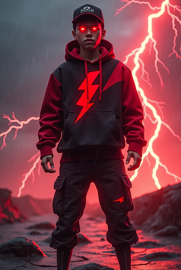 Malaysia man. real age . 20 Malaysia Indonesia. (Red eyes)Glowing eyes red. Anger face. Open mouth . wearing an (black red) black red design thunder zip-up shirt. Hoodie. Black red lightning design .thunders red design shirt, (black red) red black stripe cap with small(thunder red) logo, detailed face. Glowing eyes.. black cargo pant , cinematic lighting, dramatic atmosphere, vibrant colors, 8k, high quality, photorealistic. Hero suit. ((Two lightning thunder red shape. Red thunder everywhere. Dark sky. .jeans pants. Very strong. Future design dress. Very epic. Thunder red everywhere. Shaking photography effect. Floating rock everywhere. Windy day. Raining day. Cracking road.
