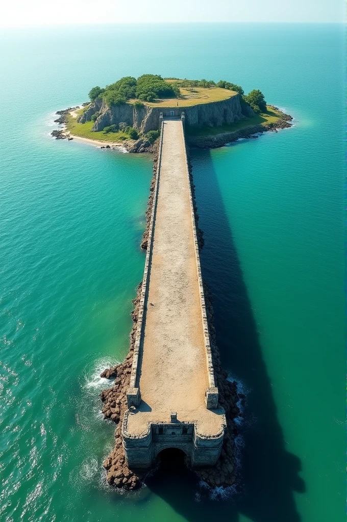 Generate realistic cinematic and 3d cartoon styles image "An aerial view of the completed Ram Setu, stretching across the turquoise waters, with small waves lapping against the ancient stone structure."