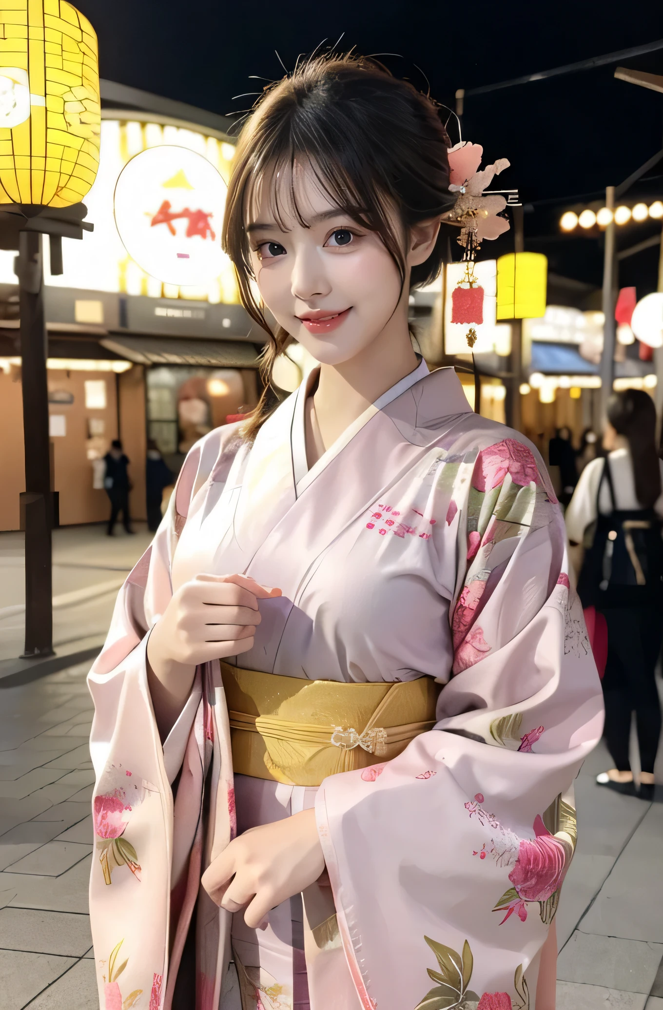 very cute girl, super cute face,clear attractive eyes, detailed Beautiful eyes,smiling, realistic photograph,gorgeous flamboyantly colored long sleeves kimono,
furisode ,very beautiful kimono,
Costume lighting