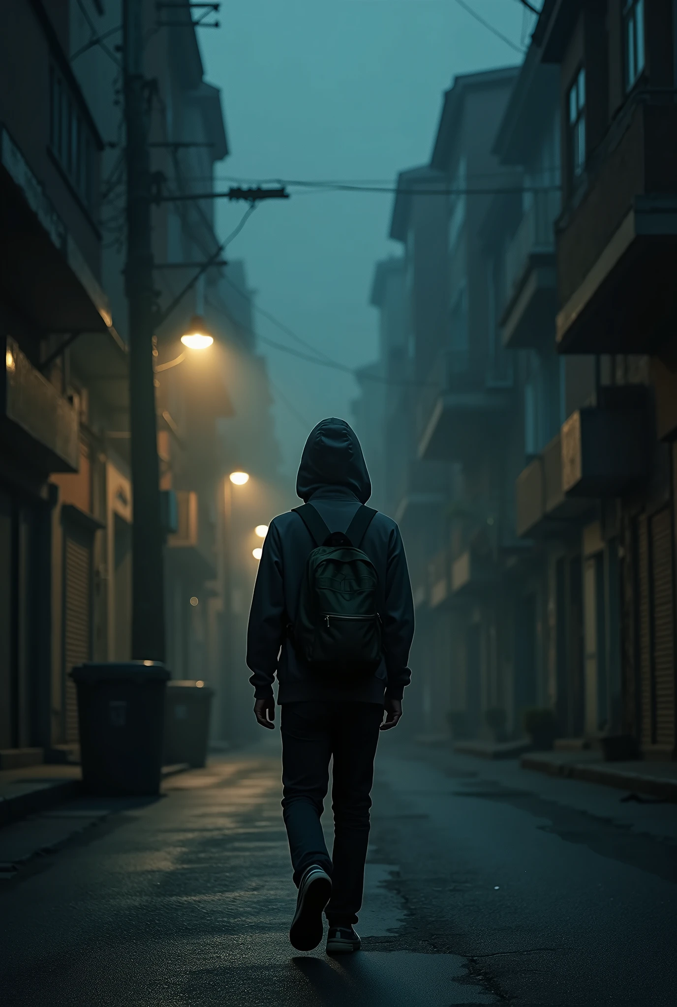 A STUDENT WALKING ON A DARK STREET WITH A BAG WEARING A HOODI

