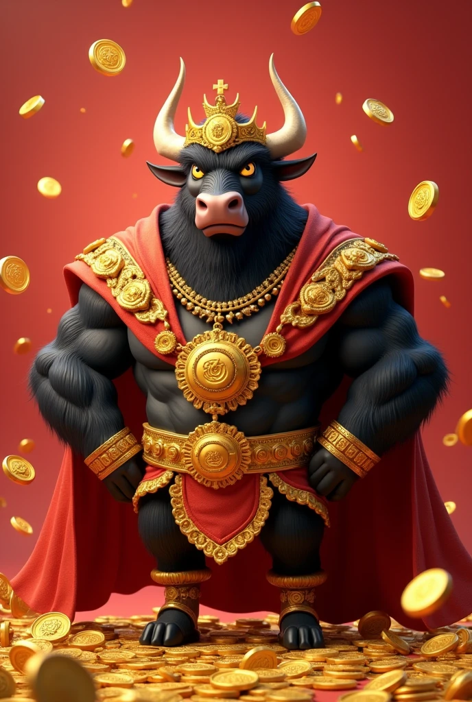 Cartoon 3D black bull wearing a red cape and a crown and clothes studded with gold coins. Red background with flying gold coins.