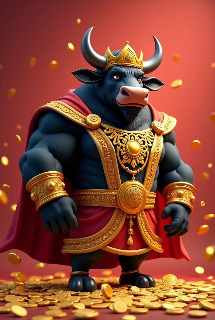 Cartoon 3D black bull wearing a red cape and a crown and clothes studded with gold coins. Red background with flying gold coins.