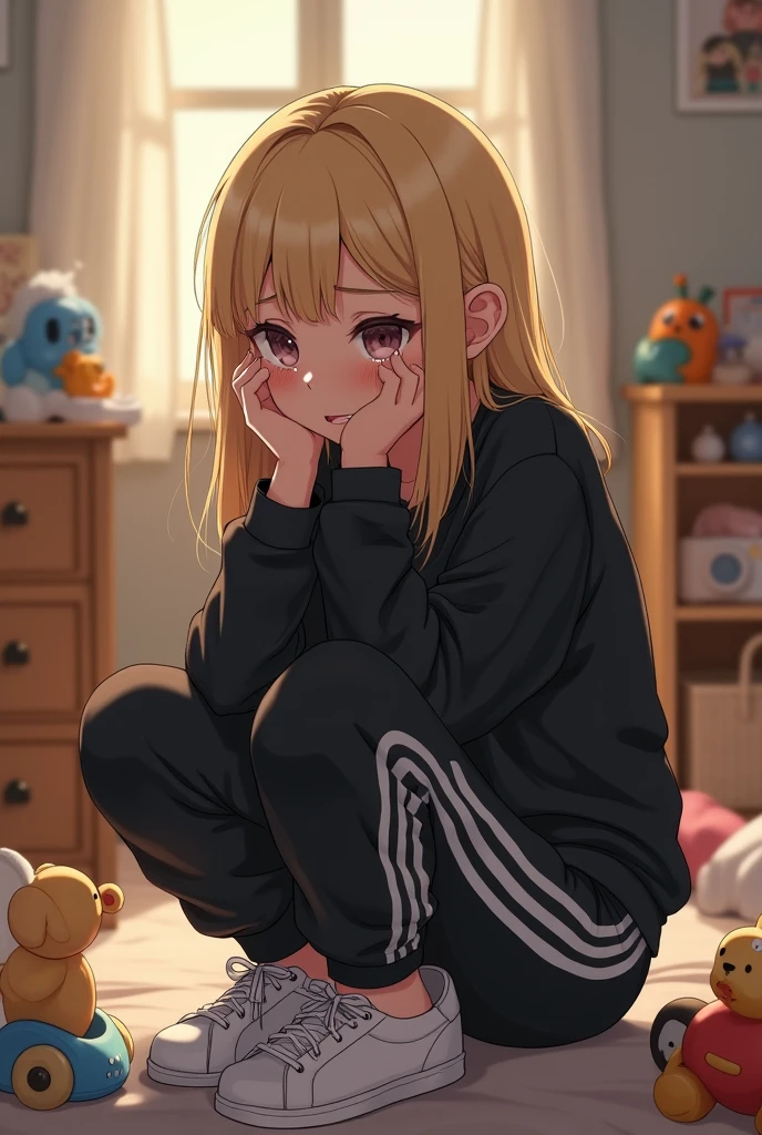 black adidas pants, Black shirt, white shoes, blonde hair, cute and pretty crying woman, toy play, sleep in the bedroom
