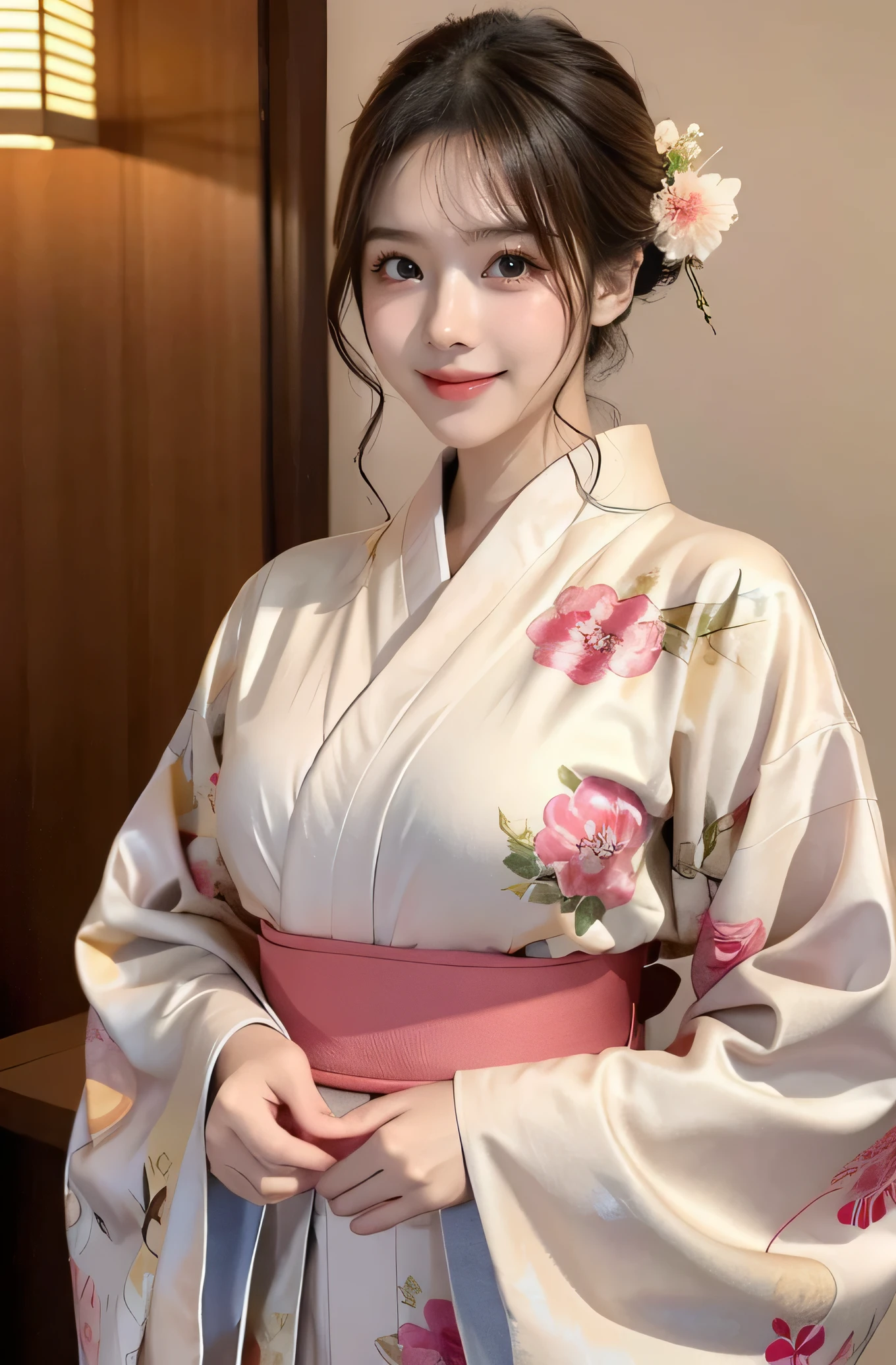 very cute girl, super cute face,clear attractive eyes, detailed Beautiful eyes,smiling, realistic photograph,gorgeous flamboyantly colored long sleeves kimono,
furisode ,very beautiful kimono,
Costume lighting