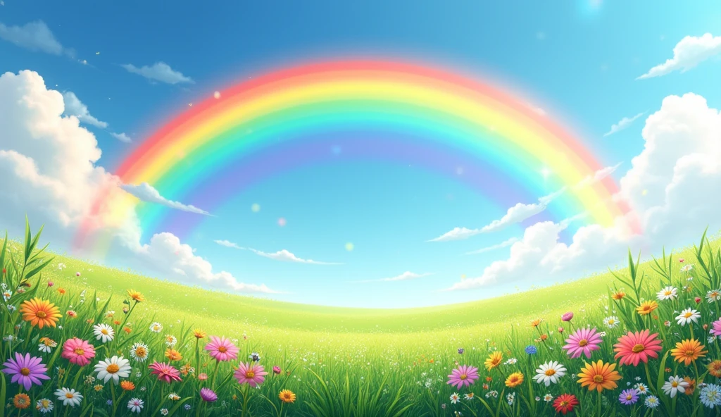 R is for Rainbow, with colors all around:
"A vivid rainbow arcing across a bright blue sky, stretching over a lush green meadow with flowers blooming below."